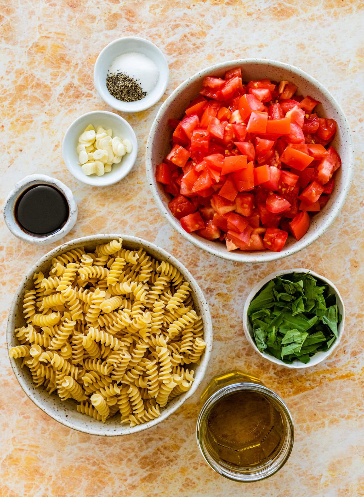 ingredients for fresh tomato basil pasta recipe.