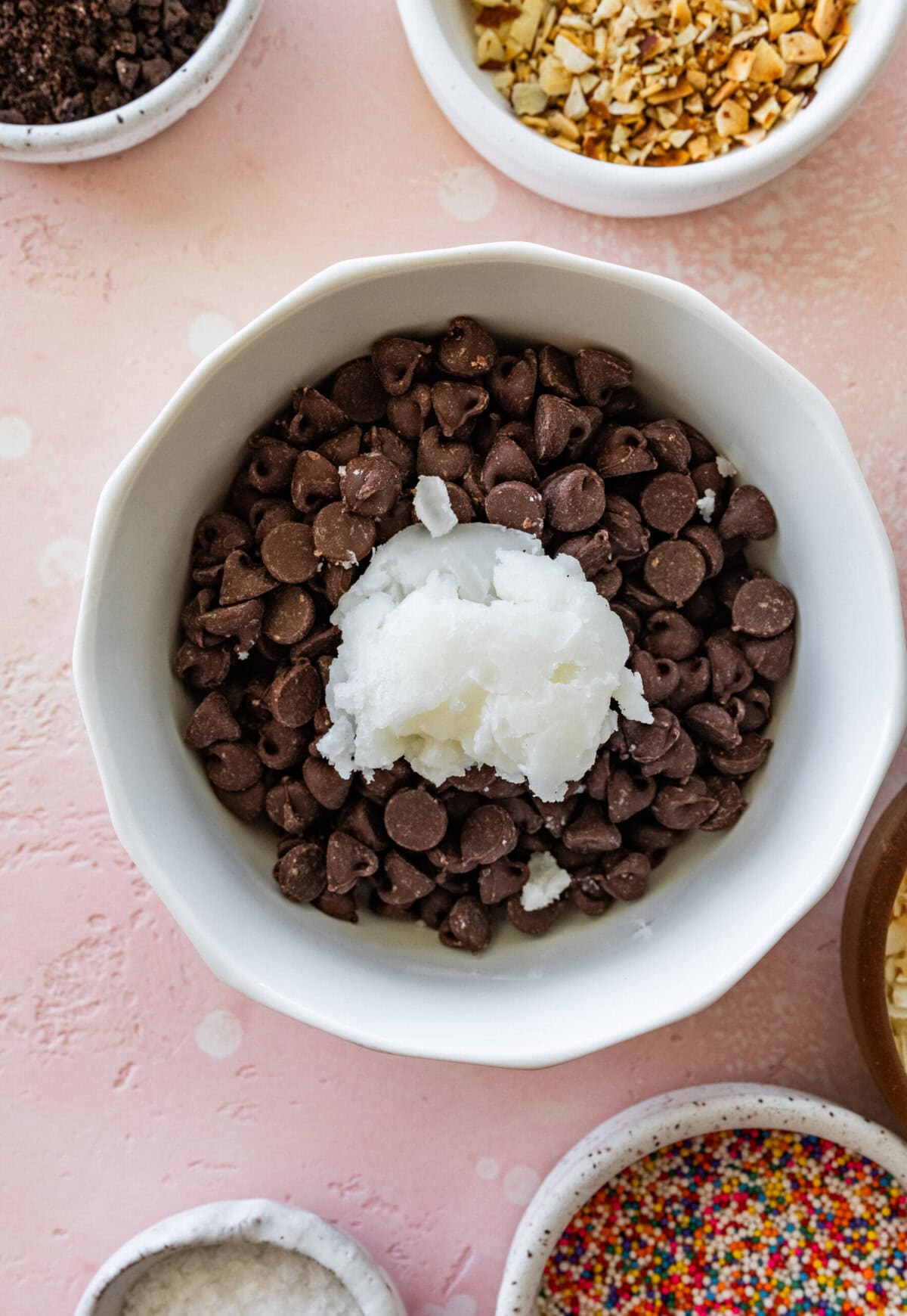 chocolate chips and coconut oil in a bowl before melting.