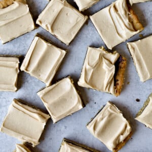 Several peanut butter bars on a countertop.