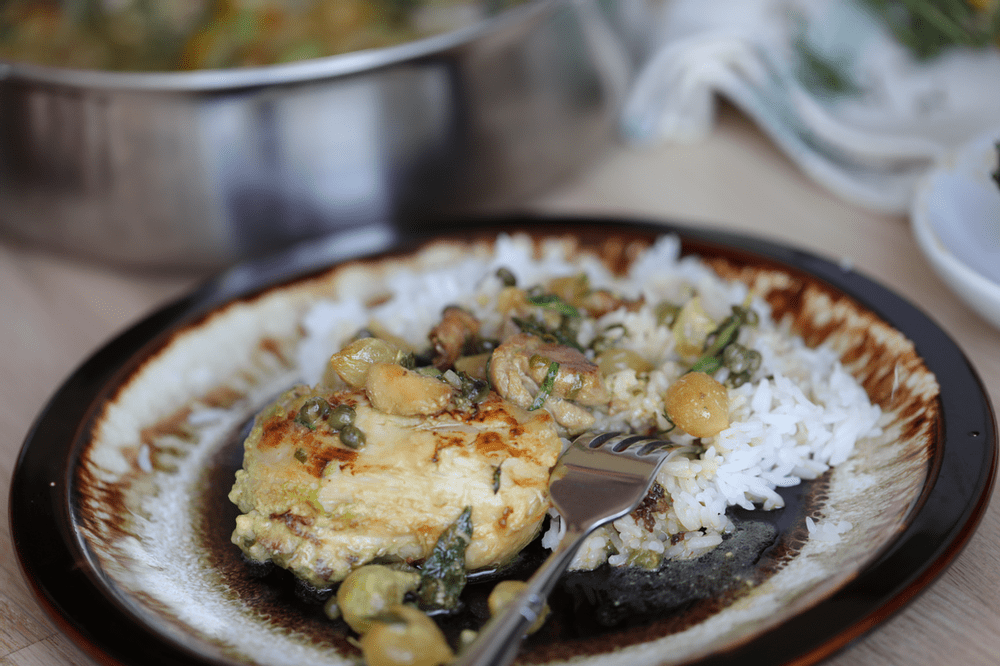 Chicken, ingredients and rice on a plate.