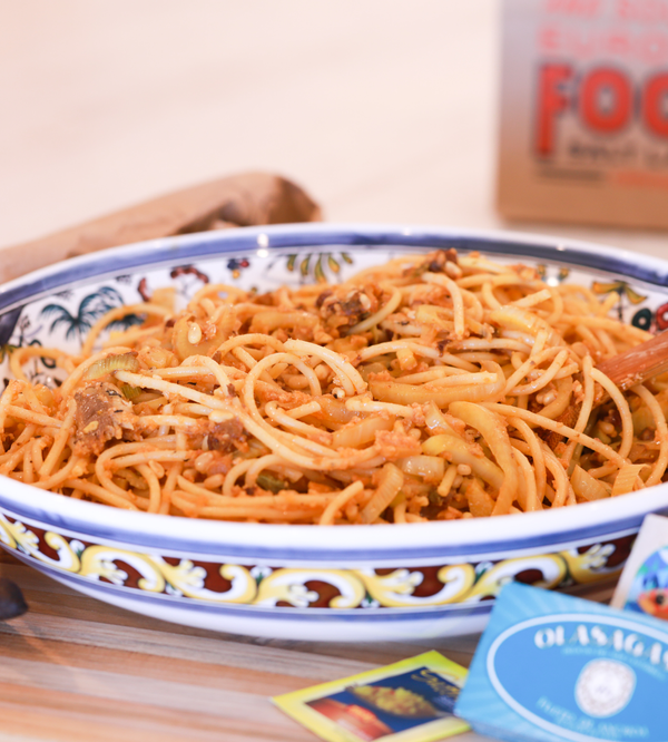 Colorful bowl of Sicilian sardine pasta.