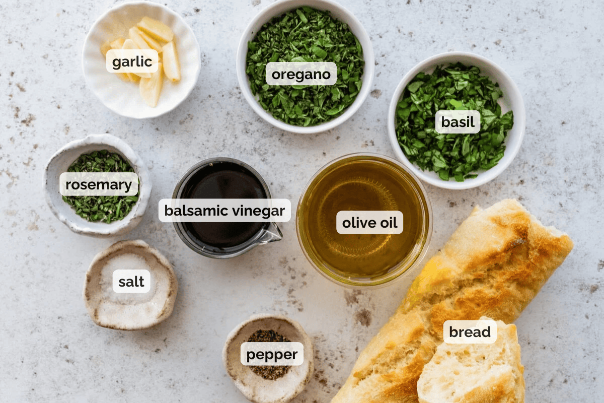 Recipe ingredients for Italian bread dipping oil recipe.
