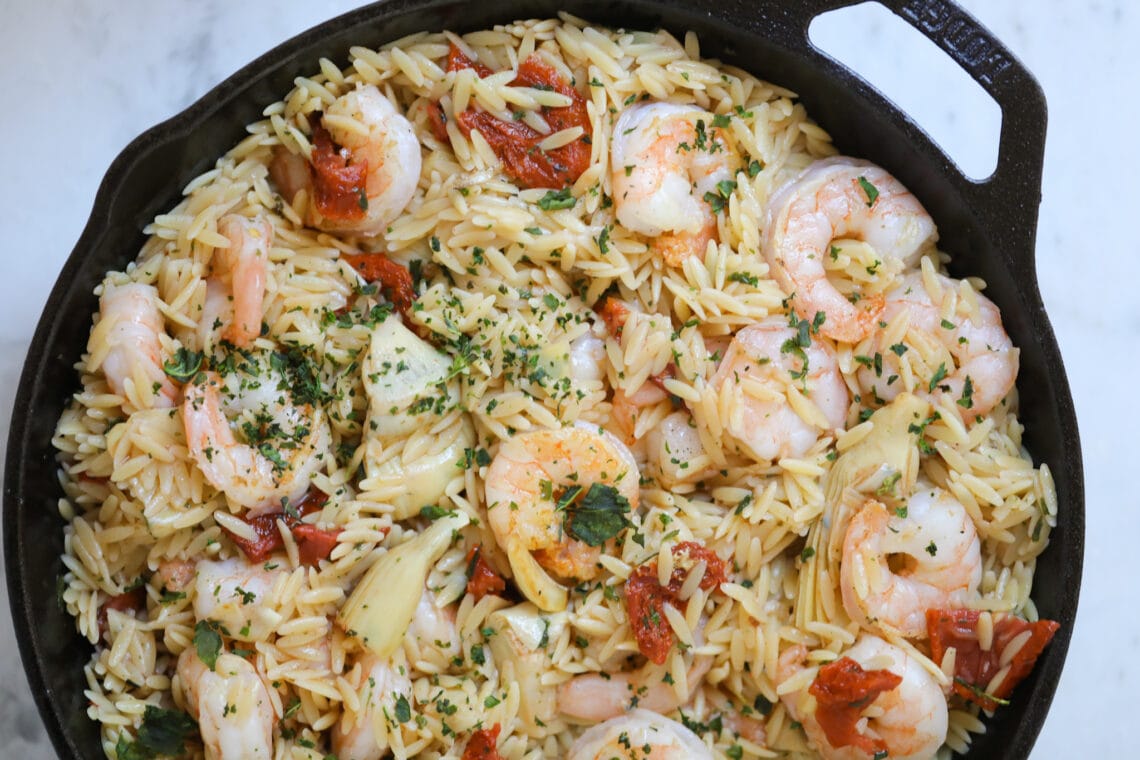 orzo pasta, shrimp, 30 minute meals, authentic italian, pasta recipe, shrimp and pasta, artichoke and sun-dried tomatoes