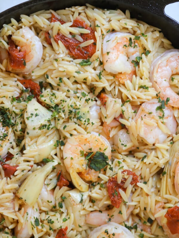 orzo pasta, shrimp, 30 minute meals, authentic italian, pasta recipe, shrimp and pasta, artichoke and sun-dried tomatoes