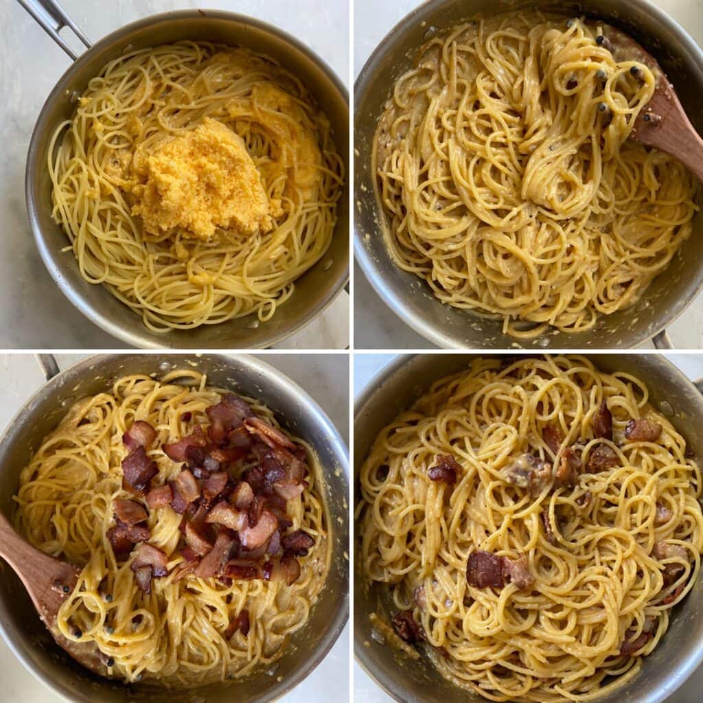 Collage of adding ingredients to a pan to make traditional Italian carbonara.