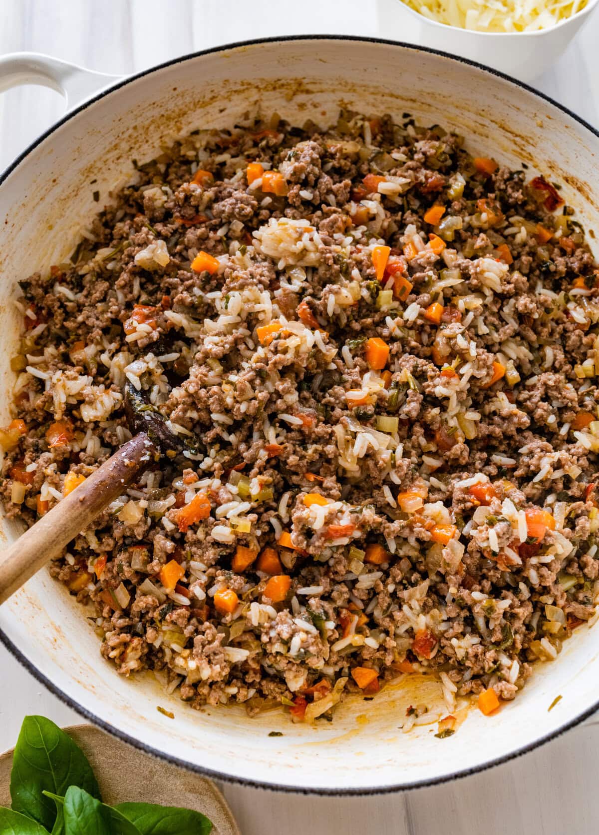 Bell pepper stuffing cooked and ready in a skillet.
