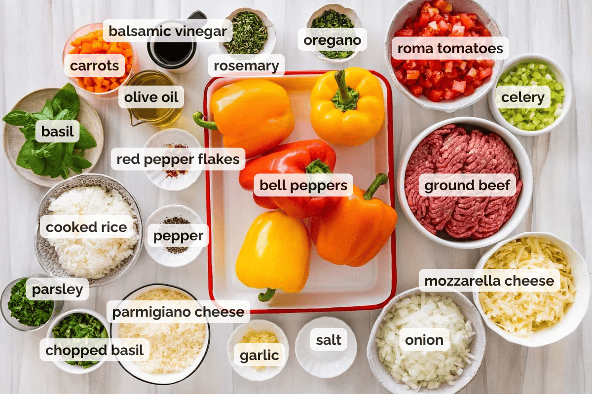Recipe ingredients for Italian stuffed peppers recipe.
