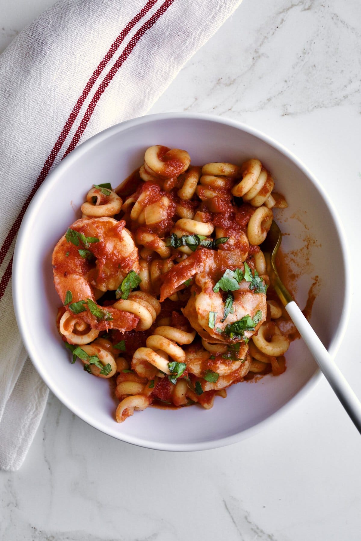 bowl of Trottole Pasta Recipe with Tomato Sauce and Shrimp.