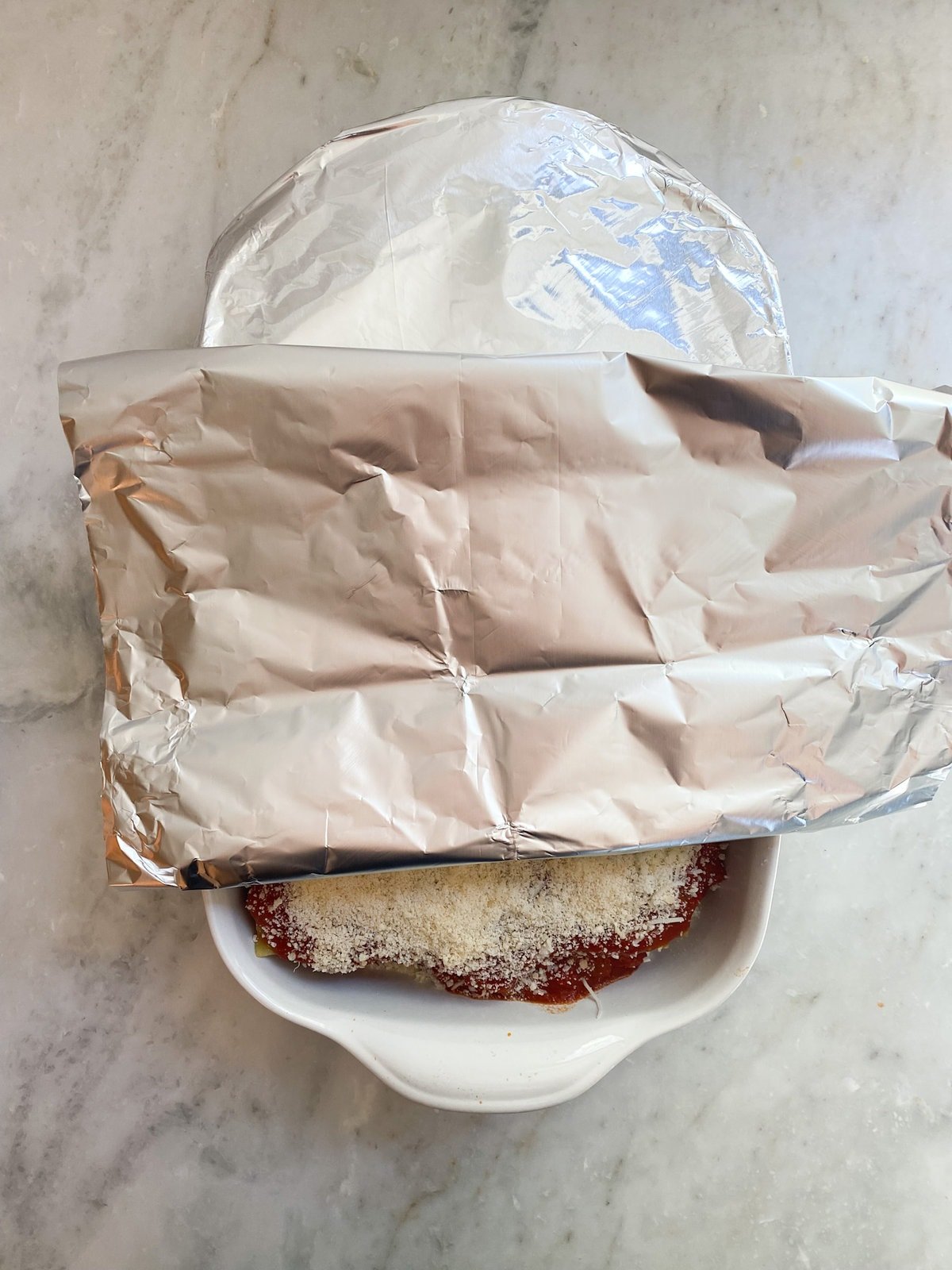 lasagna pan with foil over the top.