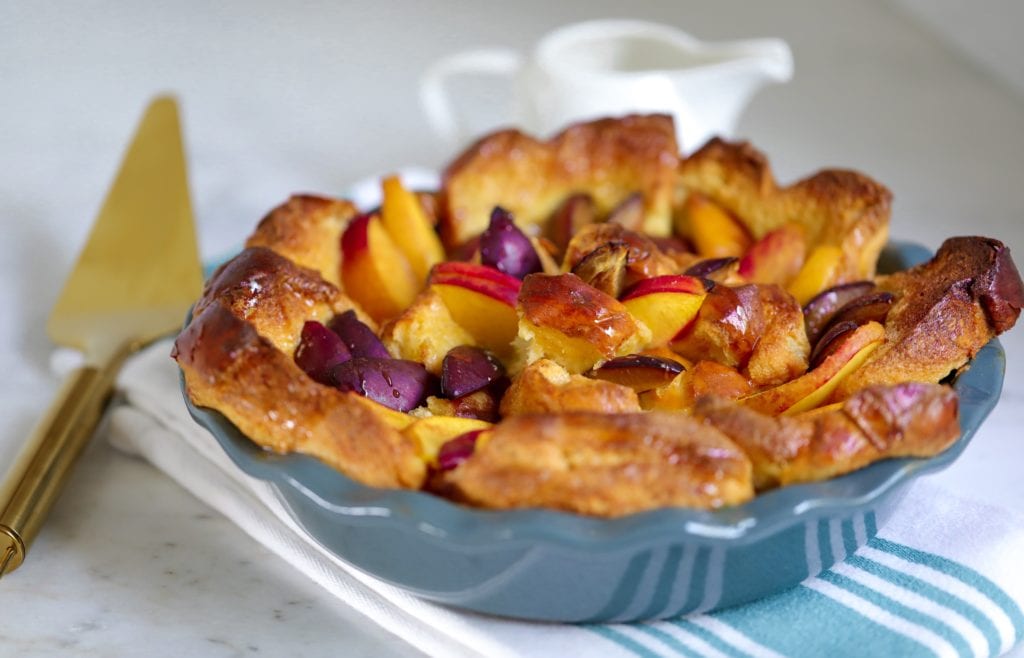 Overnight french toast in a blue dish.