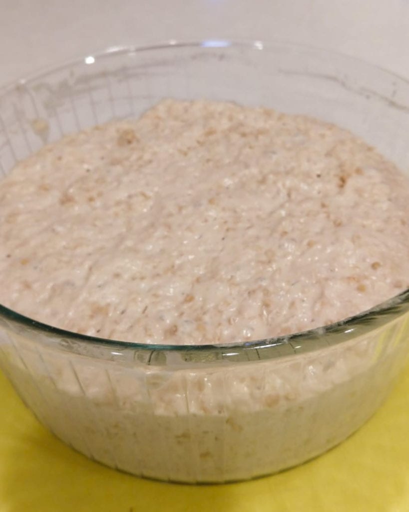 No knead bread dough that has risen and is double in size.