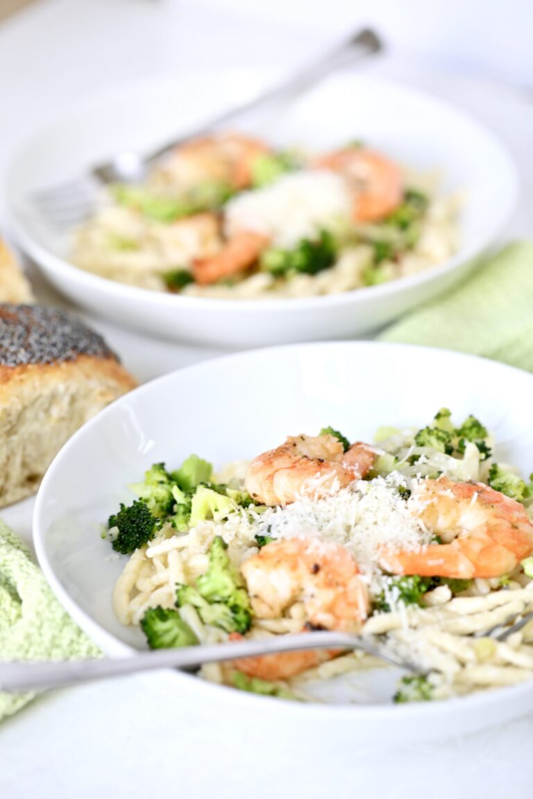 Pasta in creamy sauce with shrimp and broccoli