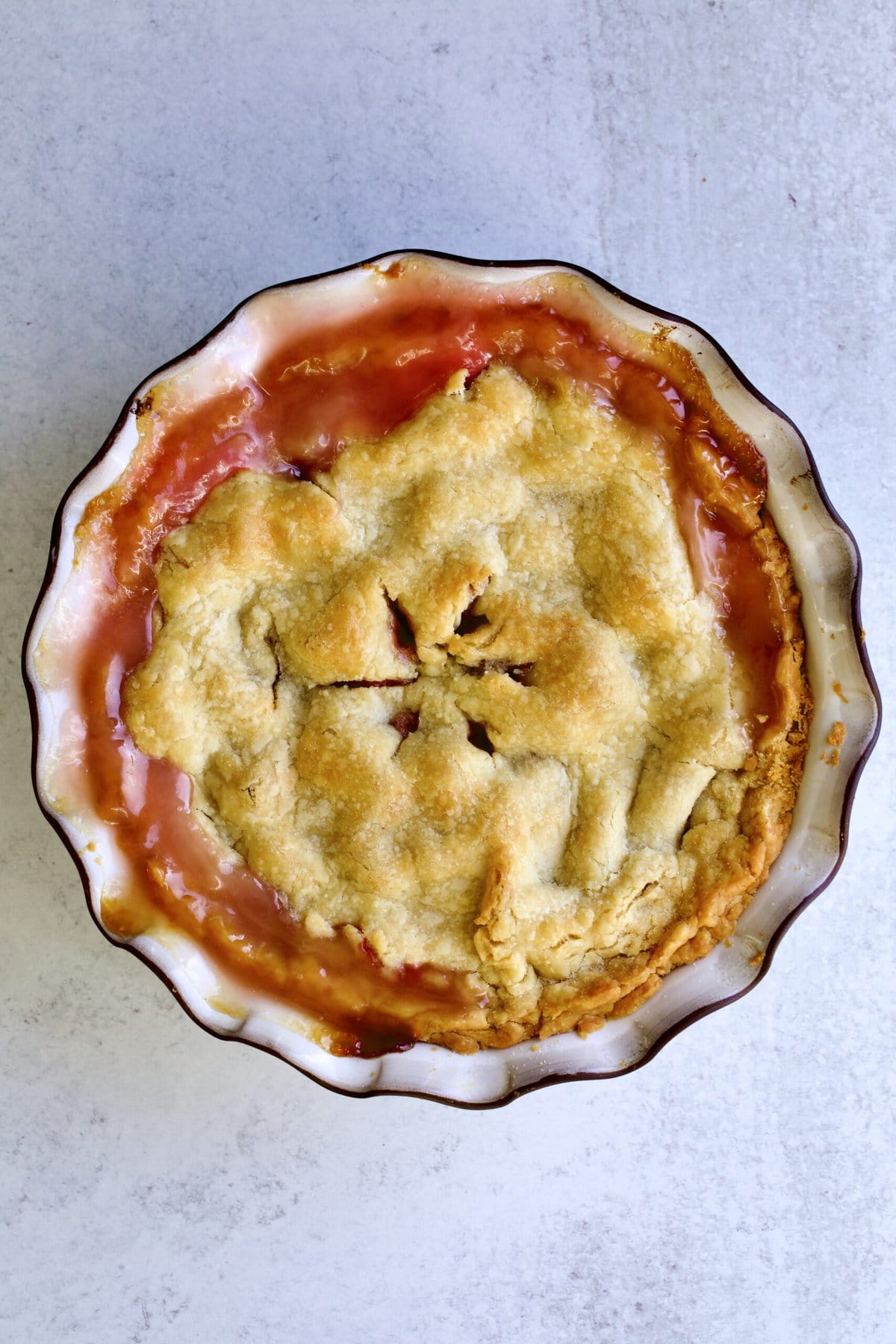 whole rhubarb pie baked and ready to eat. 