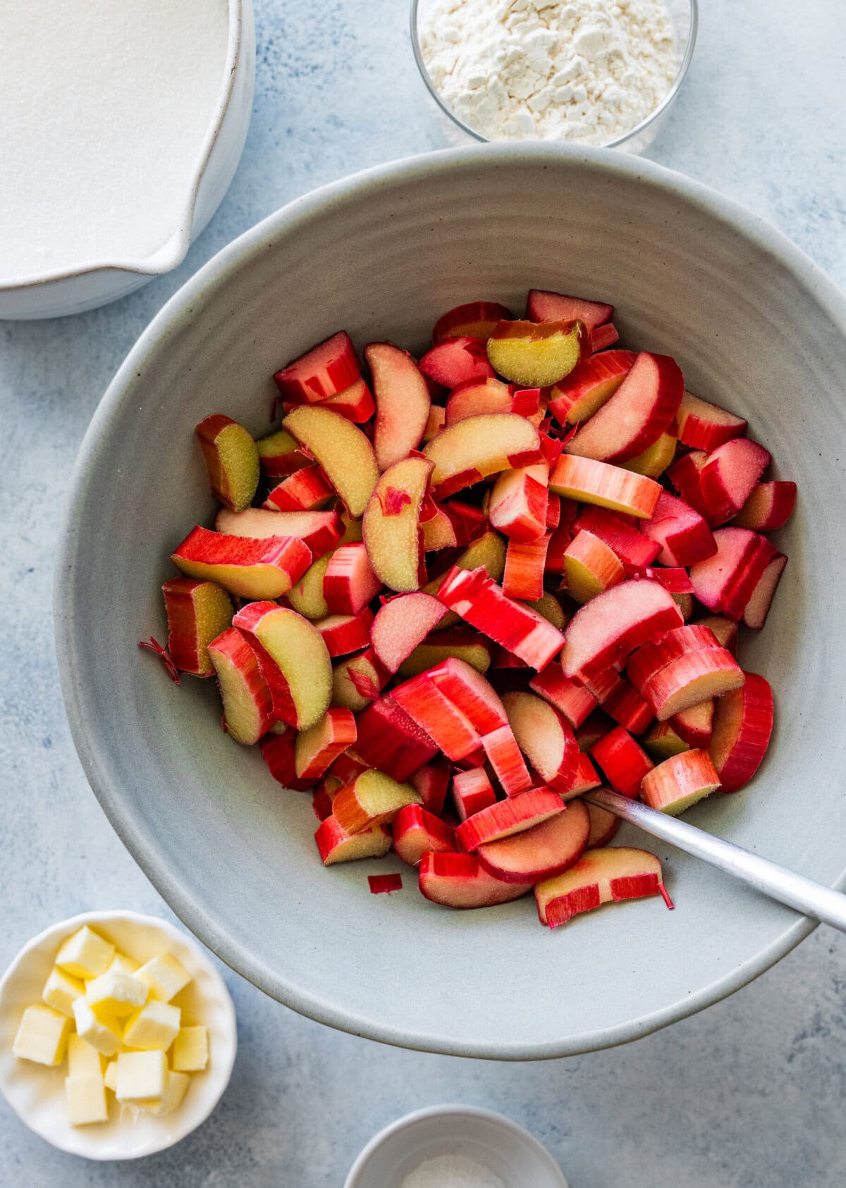 cut rhubarb in a large bowl.