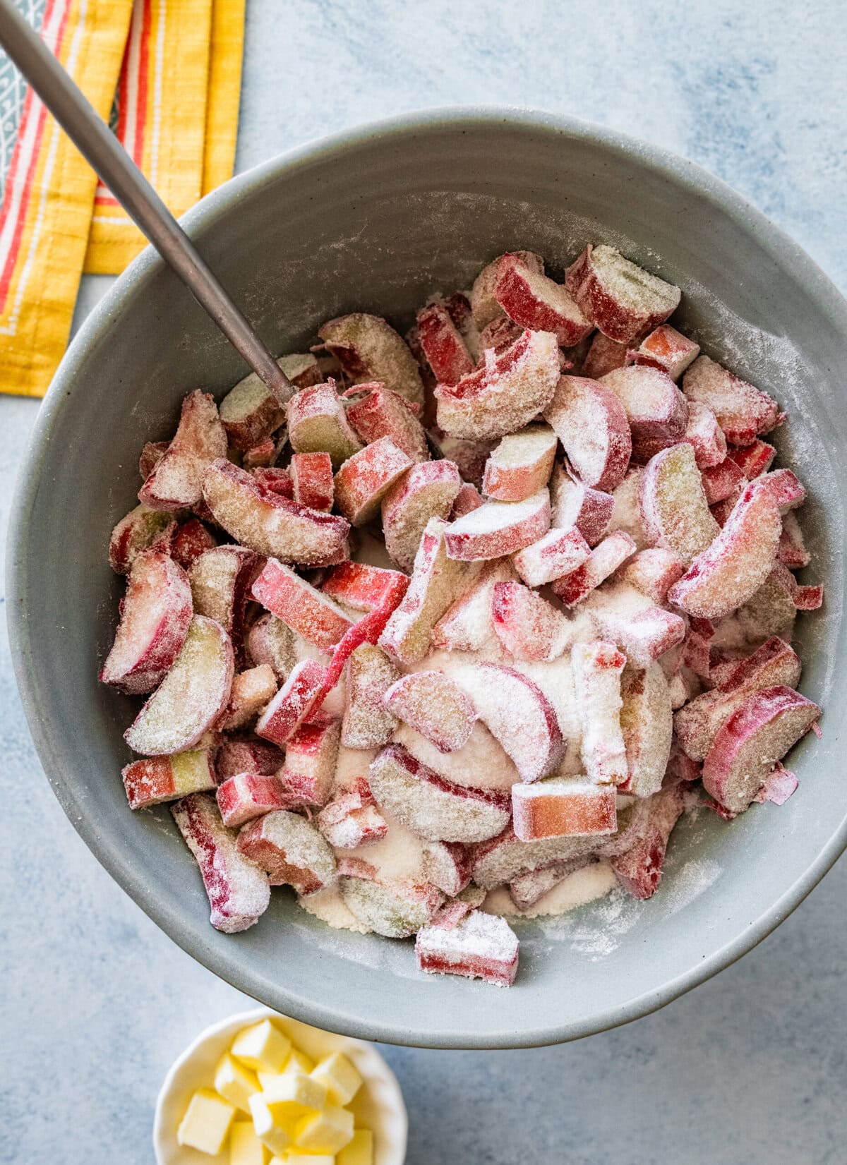 The ingredients for the pie filling in a large bowl after combining.