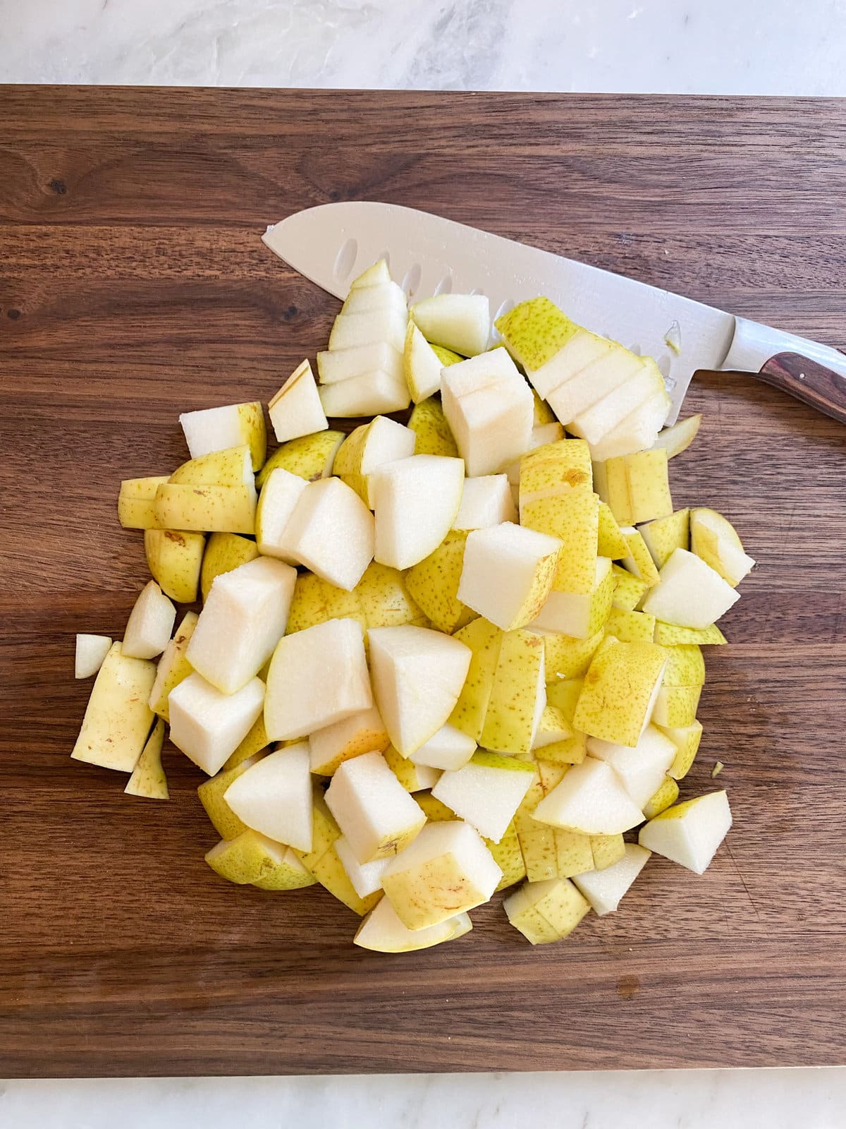 cutting the pears for the pear cake.