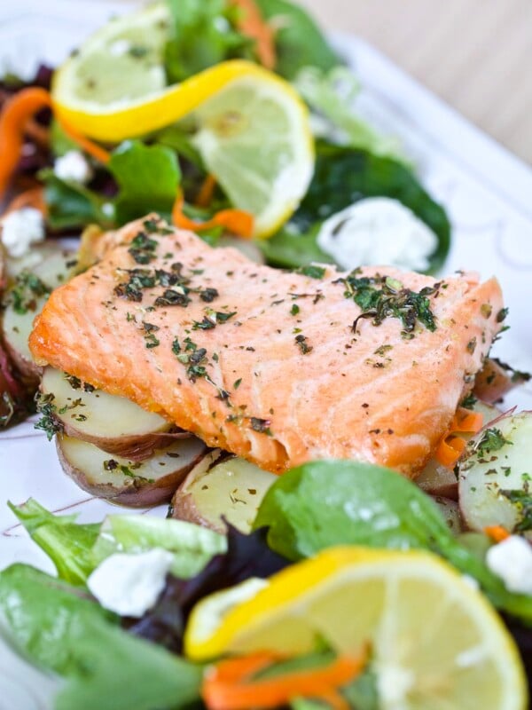 salmon salad with potatoes on a platter