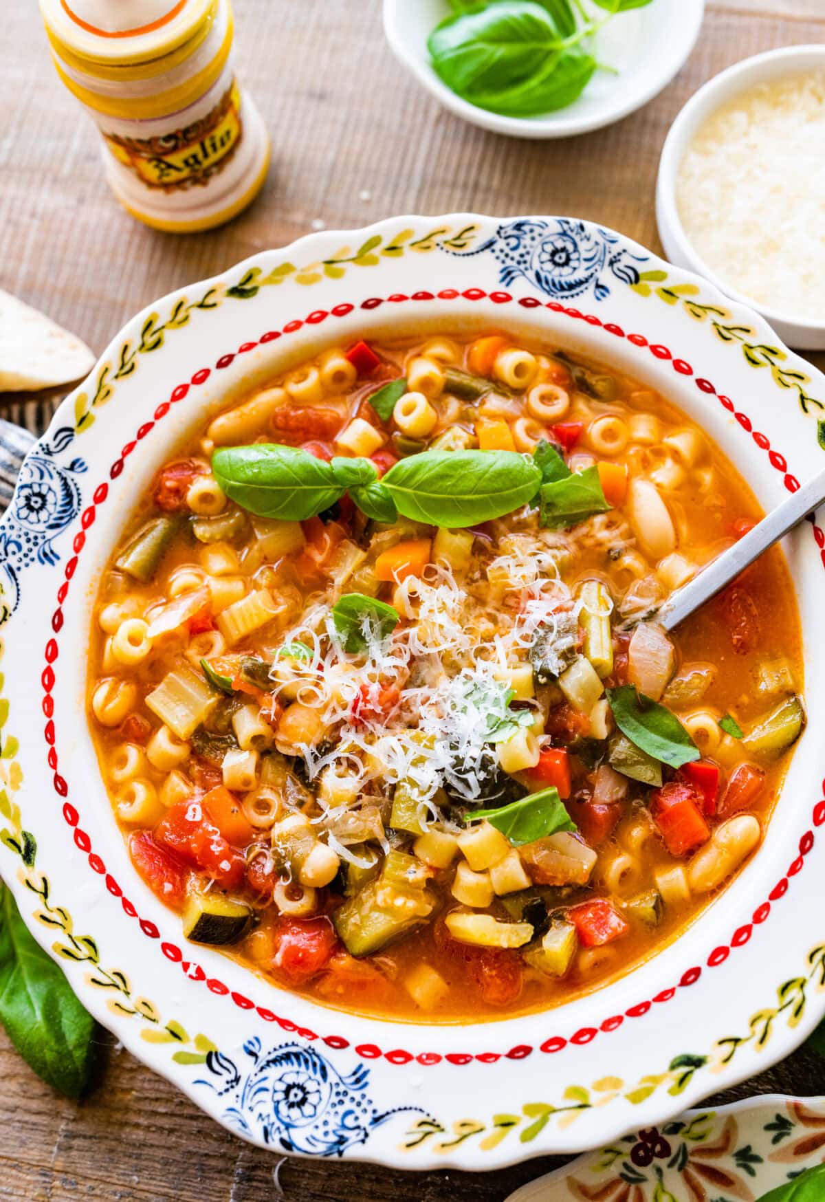 Minestrone soup with pasta in it.