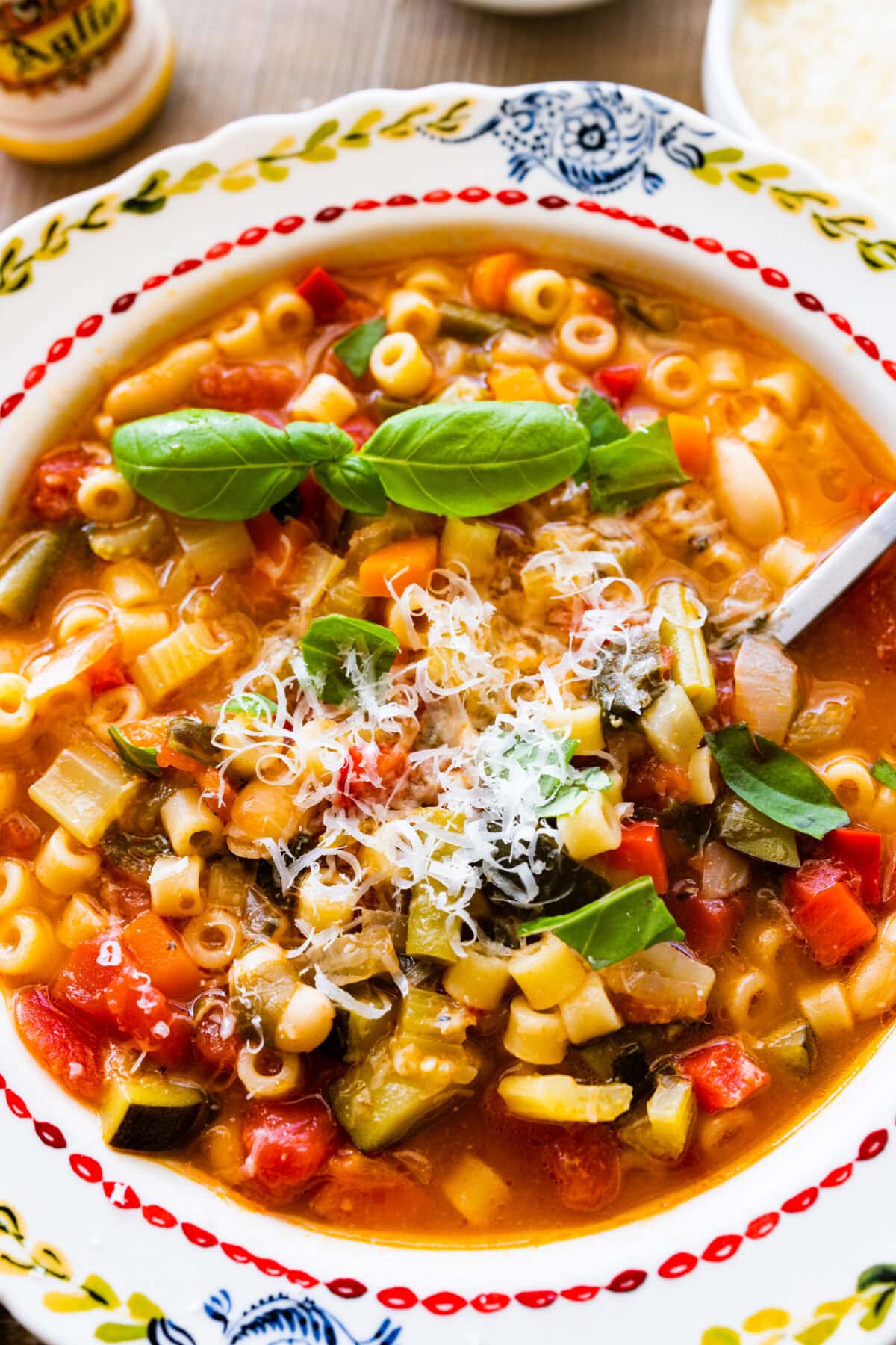 Minestrone soup with pasta in it.