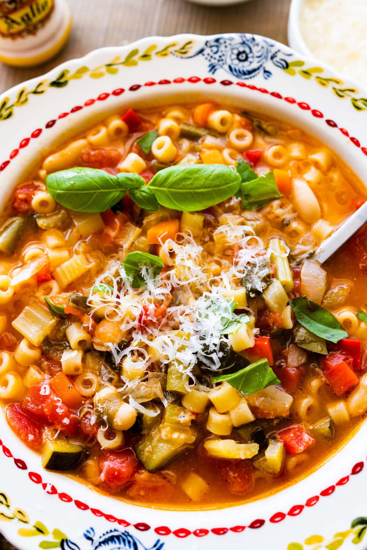 Minestrone soup with pasta in it.