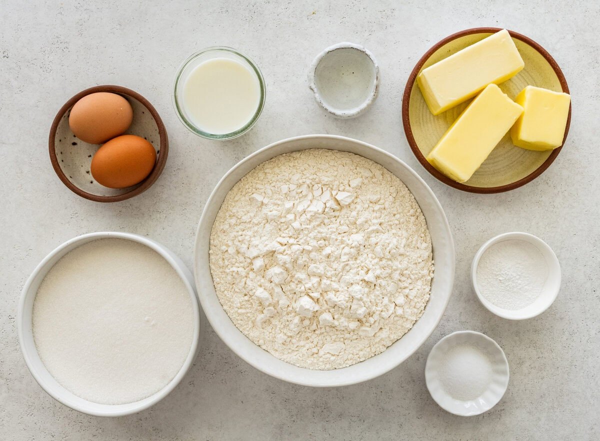 Ingredients to make soft sugar cookies laid out.
