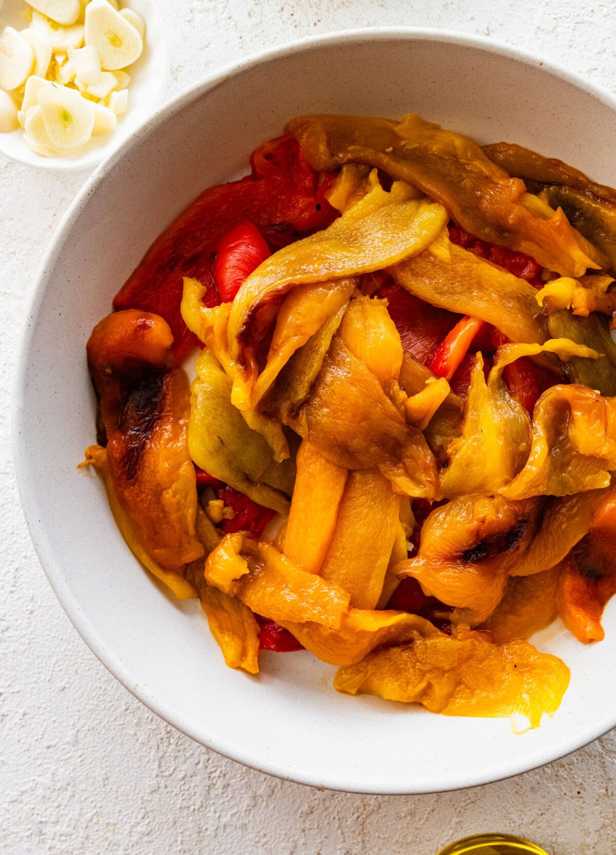 Peeled peppers in a bowl.