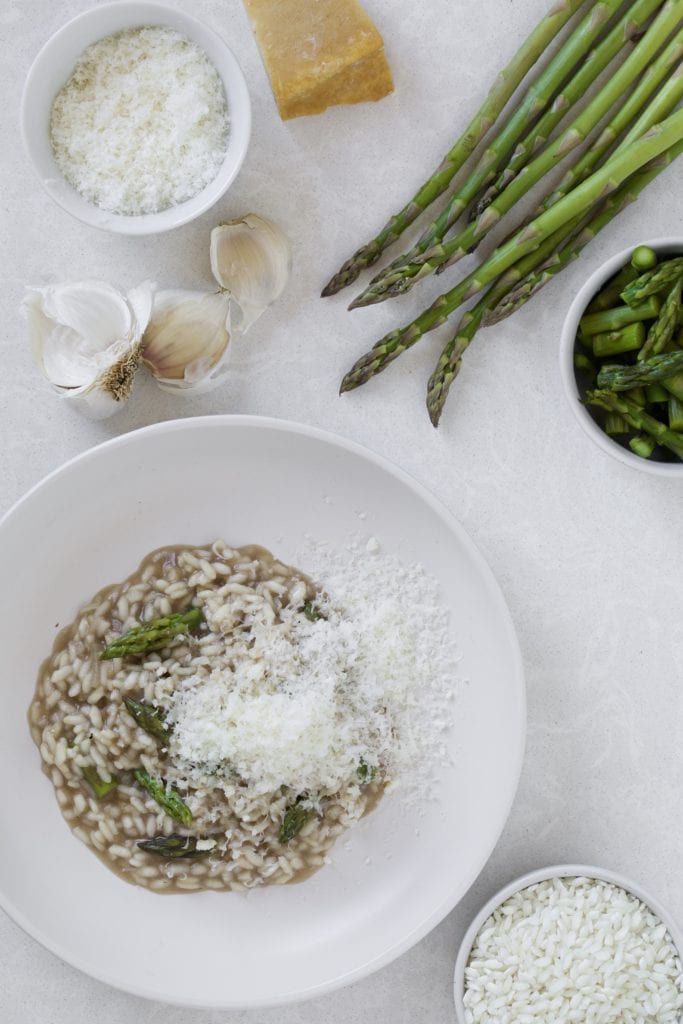 Asparagus risotto with garlic asparagus and arborio rice.