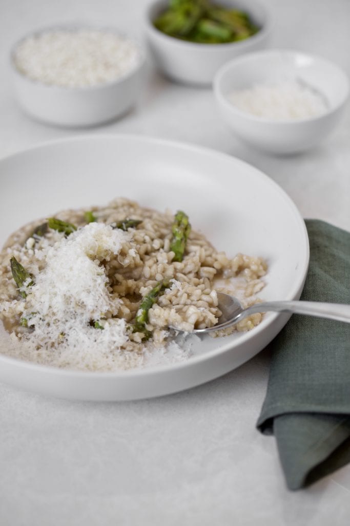 bowl of asparagus risotto in a bowl