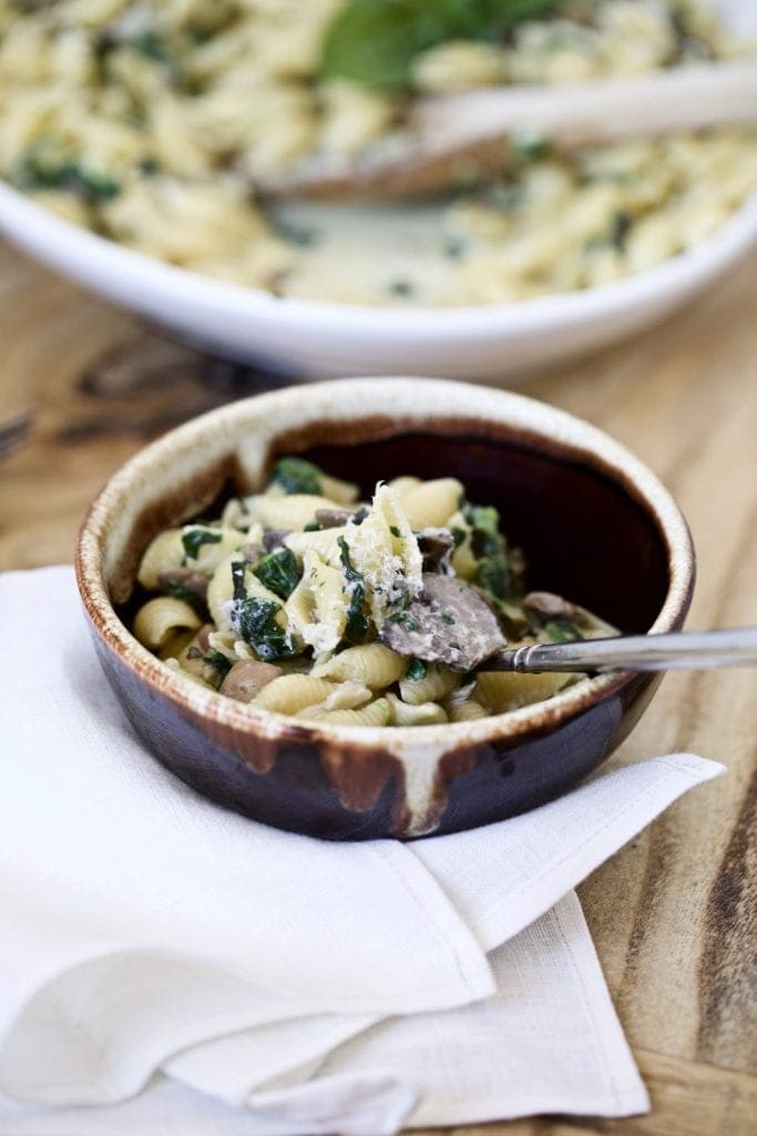 bowl of creamy pasta shells with mushroom and spinach