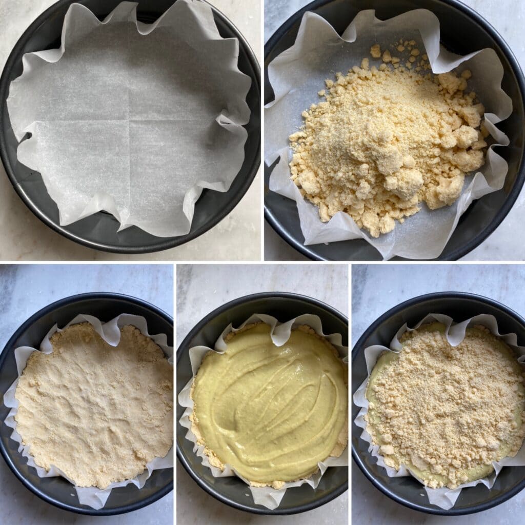 Instructions on putting ingredients in a cake pan.