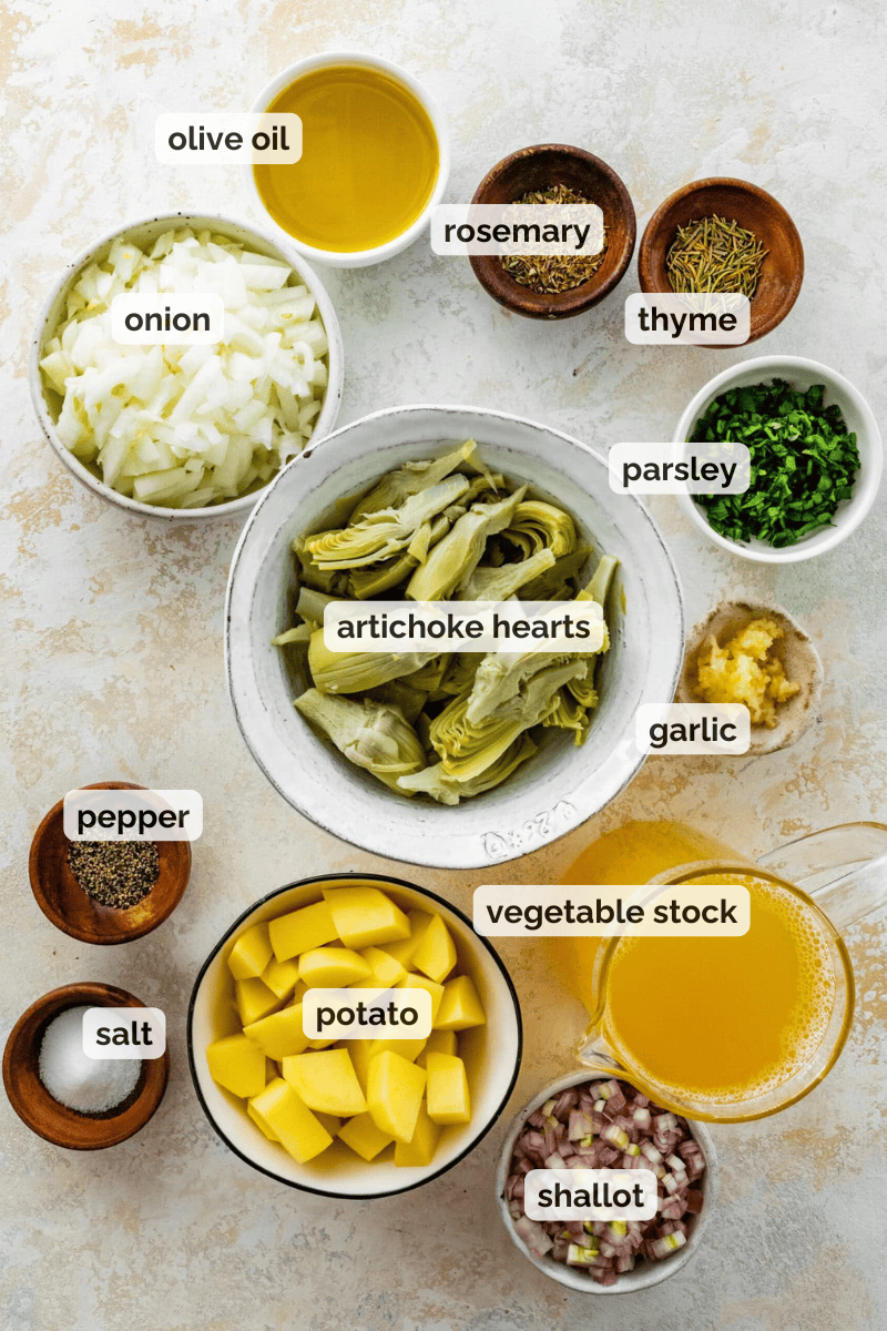 Recipe ingredients for artichoke soup recipe.