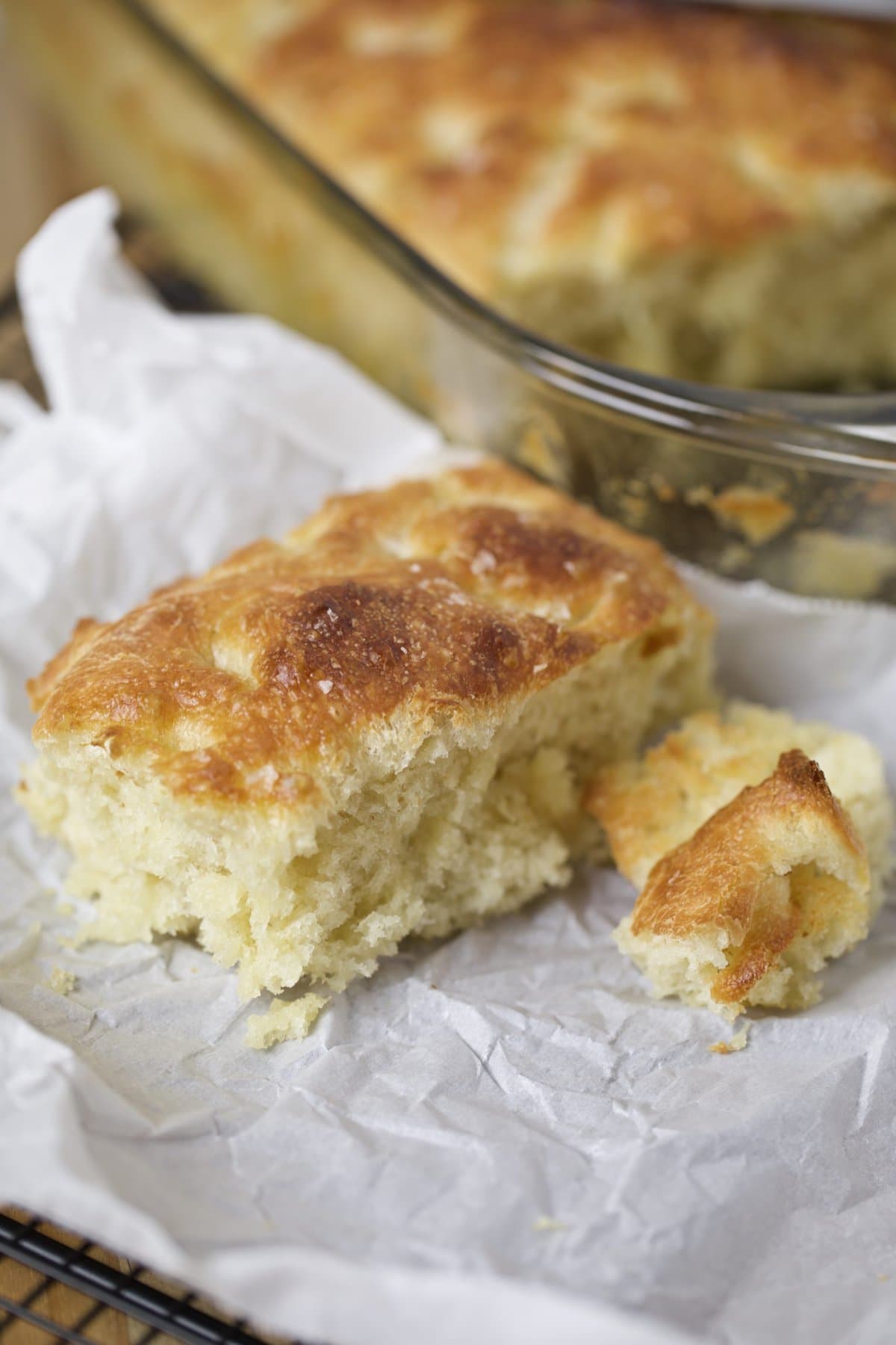 piece of focaccia on parchment paper