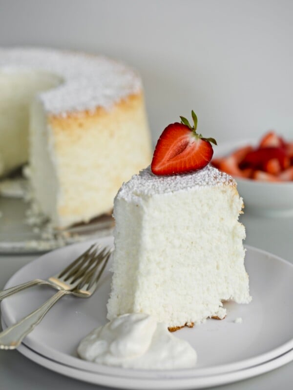 angel food cake on a plate with strawberries