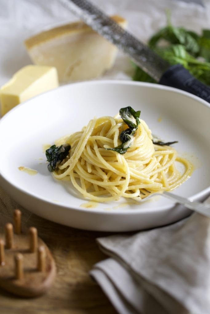 brown butter pasta in a bowl