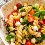 Caprese pasta salad with tomatoes, mozzarella, basil and parmesan cheese