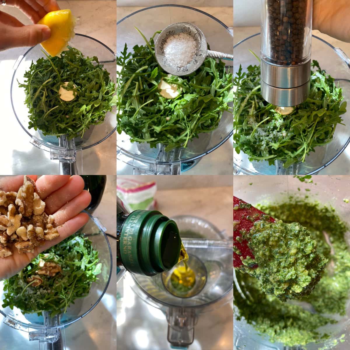 Arugula pesto process shot with ingredients