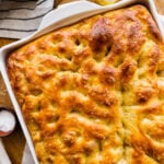 Focaccia when done baking. brush with a little olive oil and flake salt.