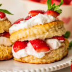 A strawberry shortcake biscuit on a plate with more ingredients for the recipe nearby.