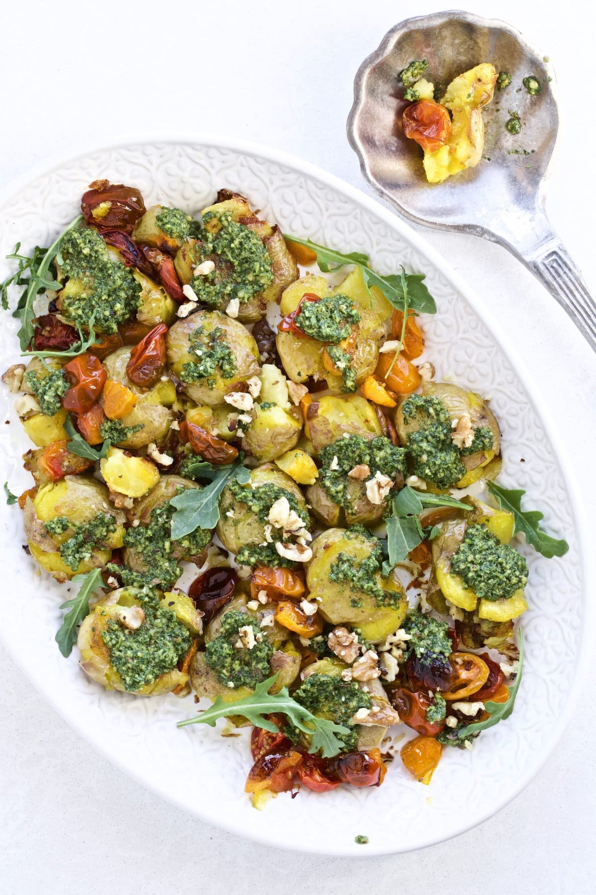 Pesto Smashed Potatoes and Roasted Tomatoes