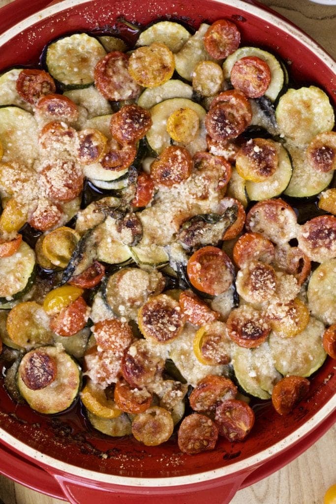 Baked Zucchini Tomato Bruschetta  in a round platter