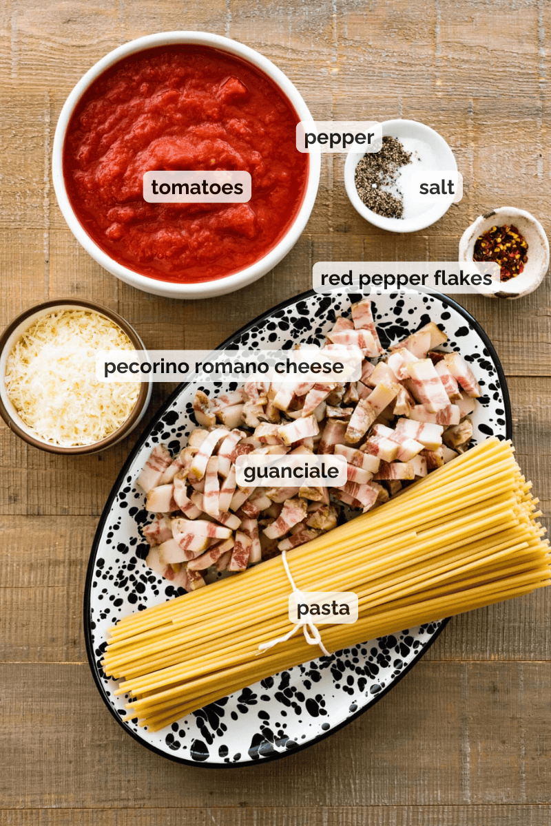 Recipe ingredients for amatriciana pasta recipe.