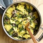 Ravioli Piccata mushrooms and asparagus in a skillet pan