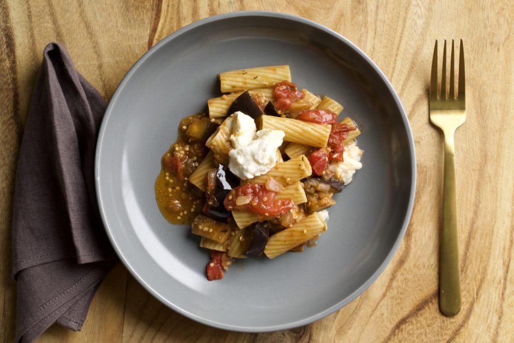 pan or eggplant and tomato pasta in a pan