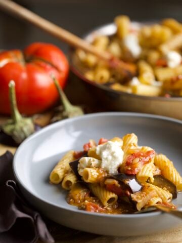pan or eggplant and tomato pasta in a pan