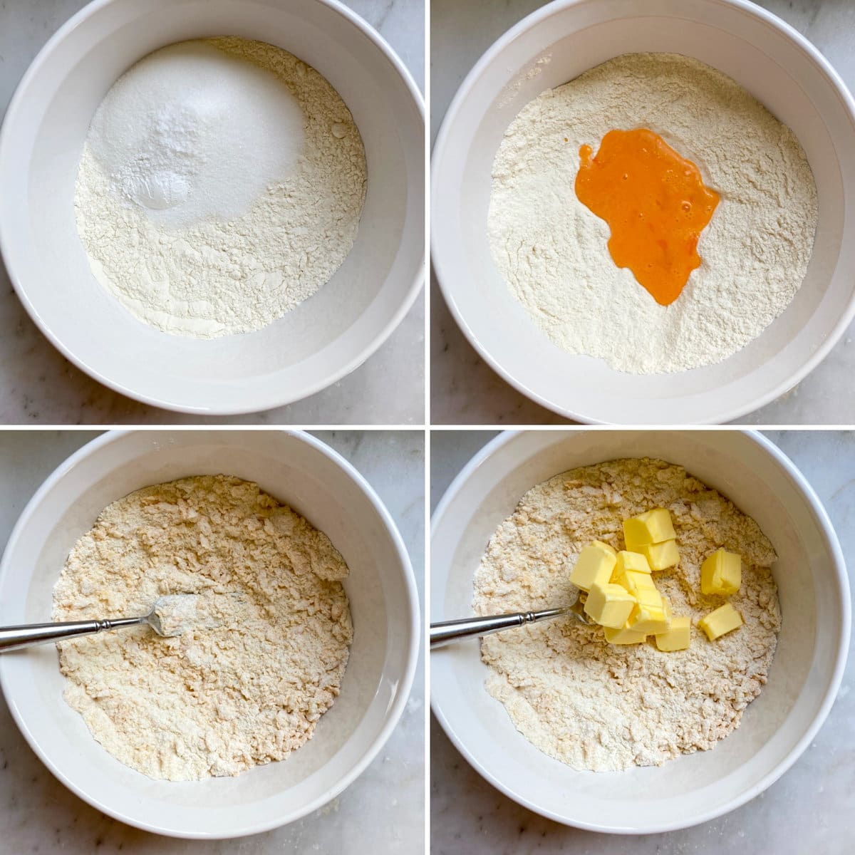 pasta frolla process- how to make pasta frolla by hand- mixing the dry ingredients and incorporating the wet to make a dough