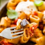 fork bute with pasta and eggplant and tomato.
