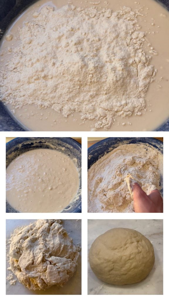 steps to make Neapolitan pizza dough. mixing the ingredients and creating a dough ball.