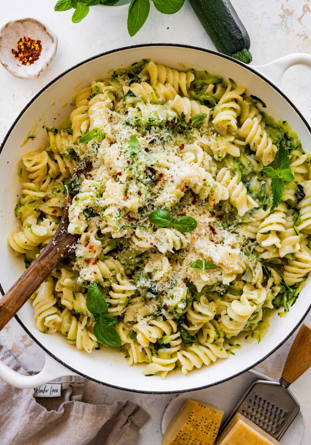 Pasta with zucchini and parmesan.