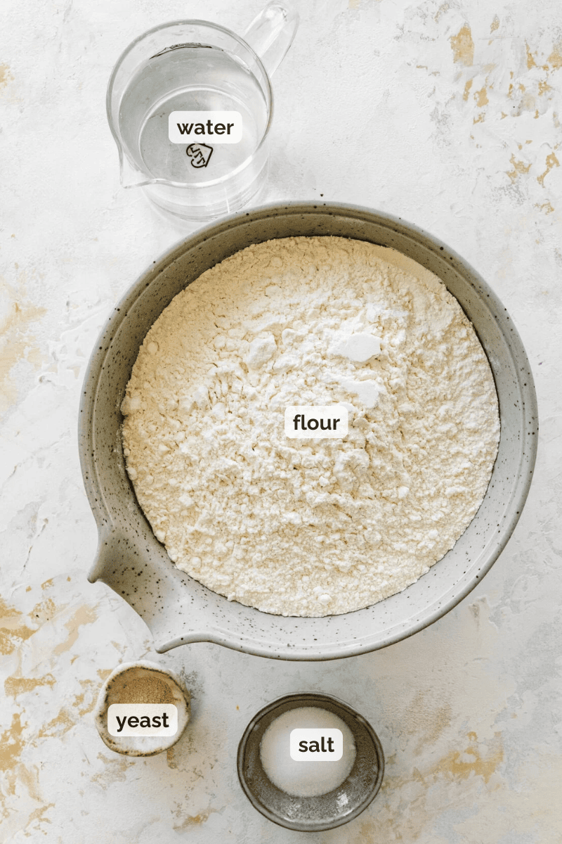 Recipe ingredients for authentic Neapolitan pizza dough recipe.