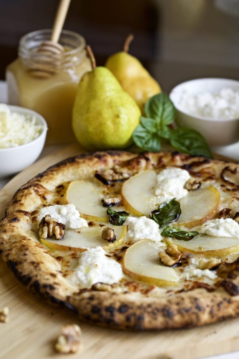 Honey Pear Walnut Pizza with ingredients